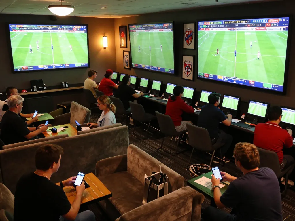 Fans engaged in sports betting with kèo nhà cái on digital screens in a vibrant lounge