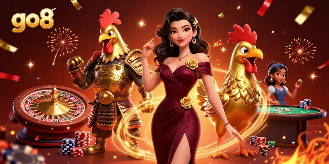 Engage in thrilling casino action at go8 with a glamorous woman and a golden rooster warrior.