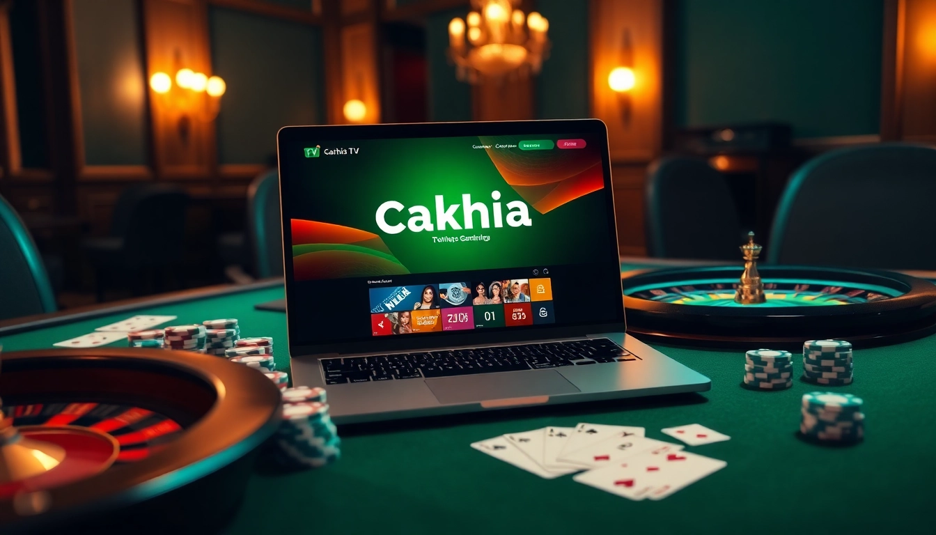 Cakhia TV interface displayed on a stylish laptop surrounded by poker chips and casino decor.