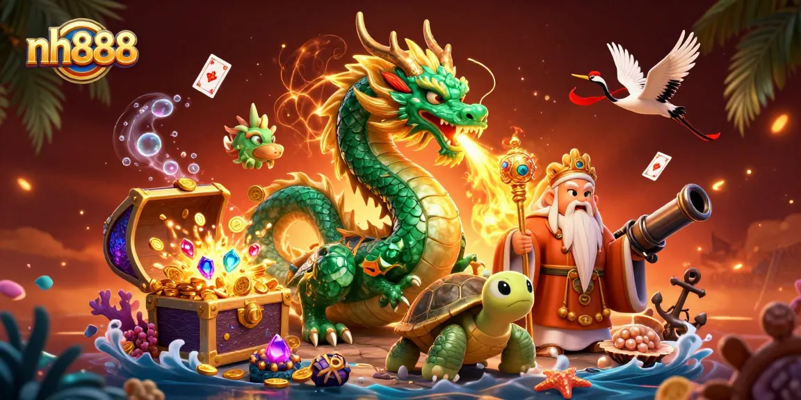 Experience thrill in nh888 with a massive jade dragon, lucky cranes, and vibrant gaming elements.