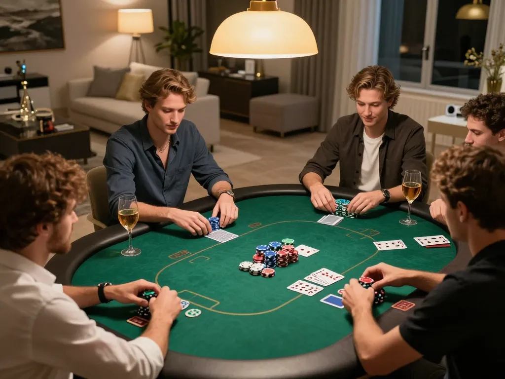 Players enjoying an intense poker game at home with DH88 banners and colorful chips.