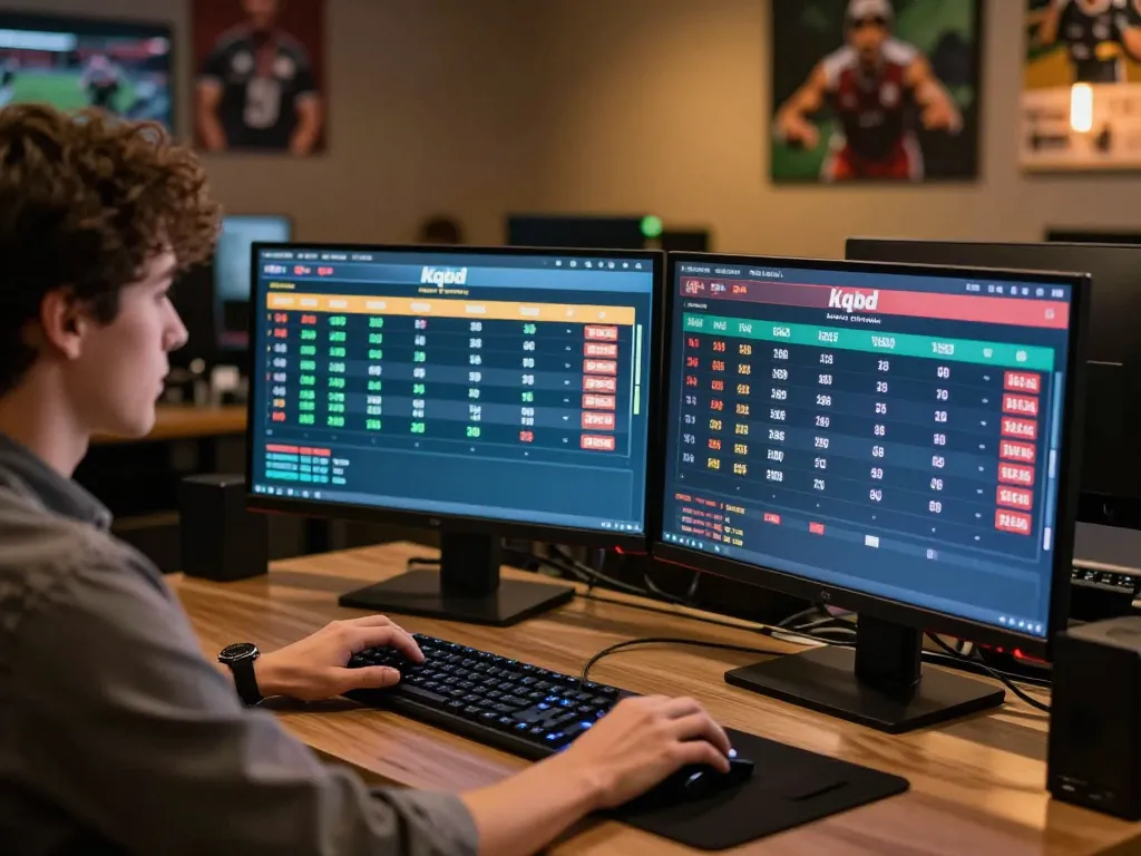Person engaging in live kqbd sports betting at dual-monitor setup, showcasing dynamic online gaming.