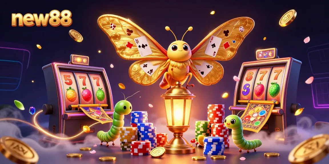 Engage in thrilling slot adventures at new88 with vibrant casino elements and golden winnings.