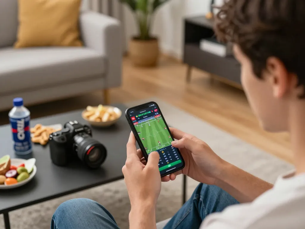 Engaging online sports betting session using a smartphone at home, showcasing sgwin66 live betting features and match statistics