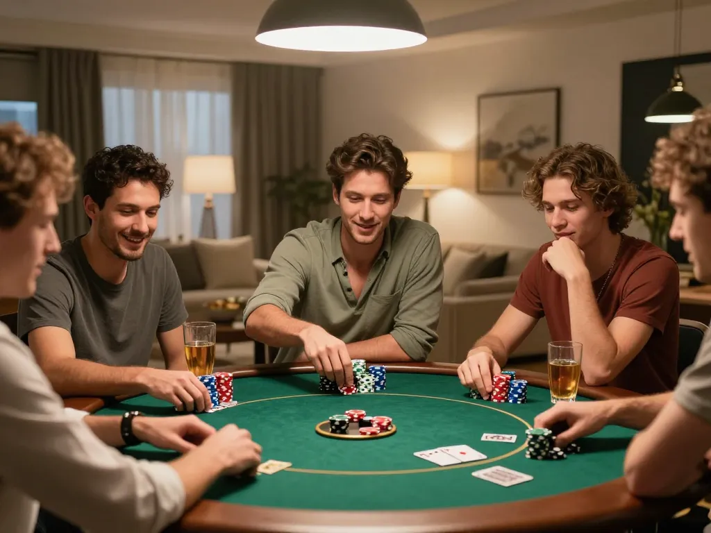 Friends enjoying an engaging poker game at home, showcasing excitement and strategy with okwin.