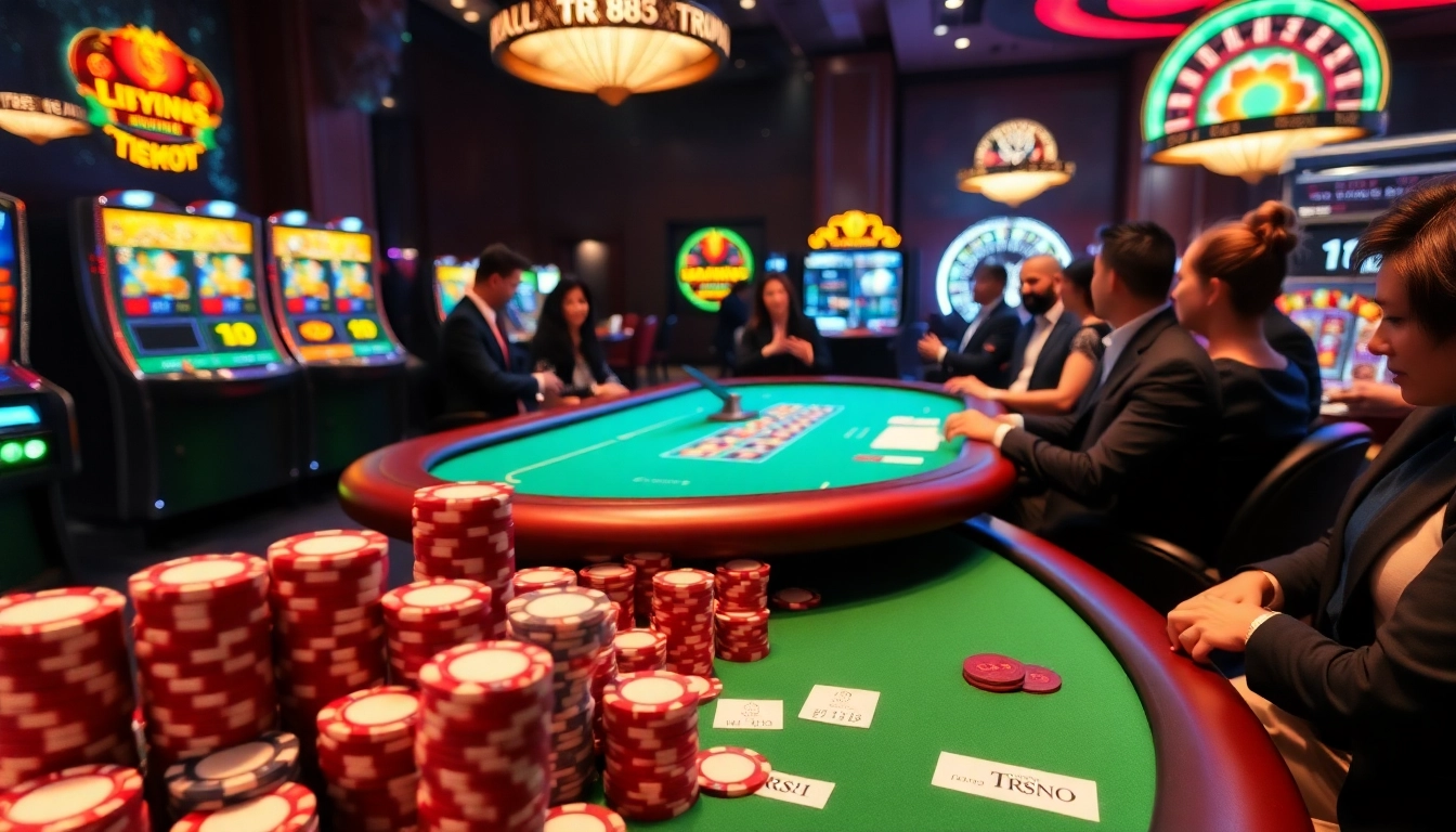 Engaged gamblers at a stylish casino table using TR88 poker chips amidst vibrant slot machines.