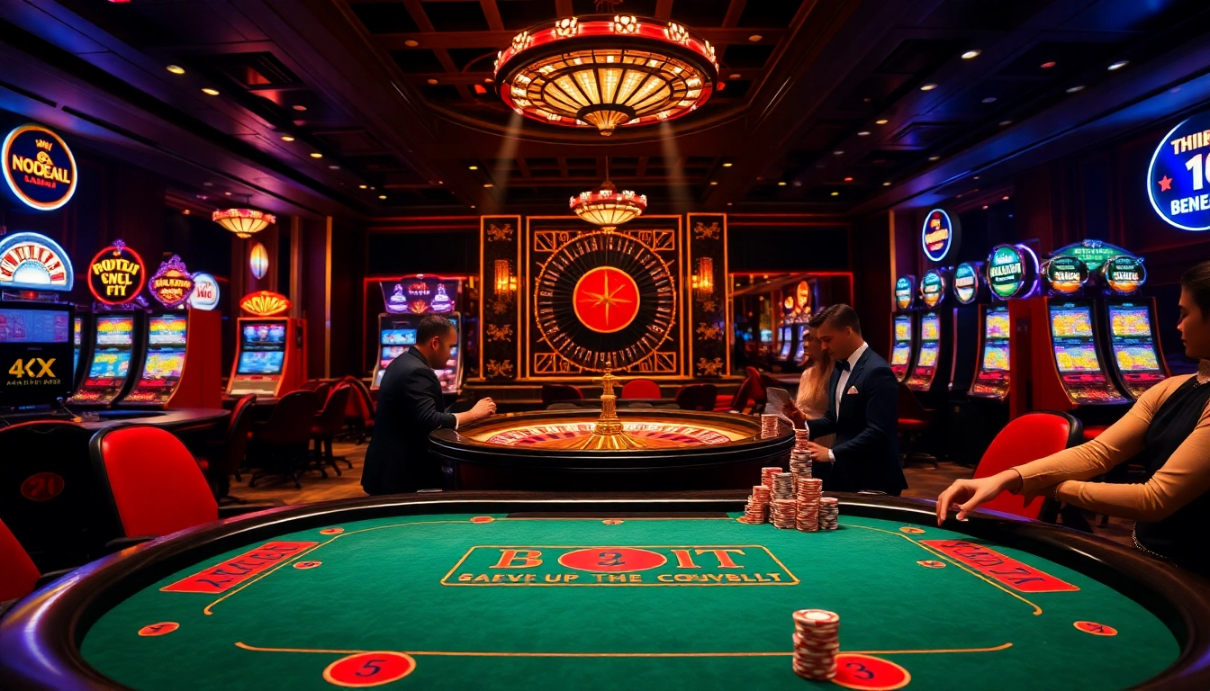 Nhã cái nohu90 offers an exciting gaming atmosphere with luxurious poker tables and vibrant slot machines.