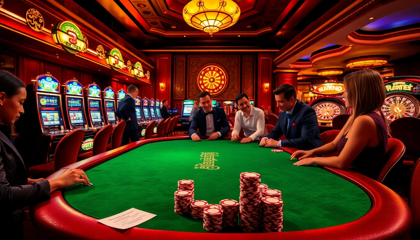 Engaging poker game at a luxury casino, inspired by nohu plant elements, with vibrant chips and excited players.