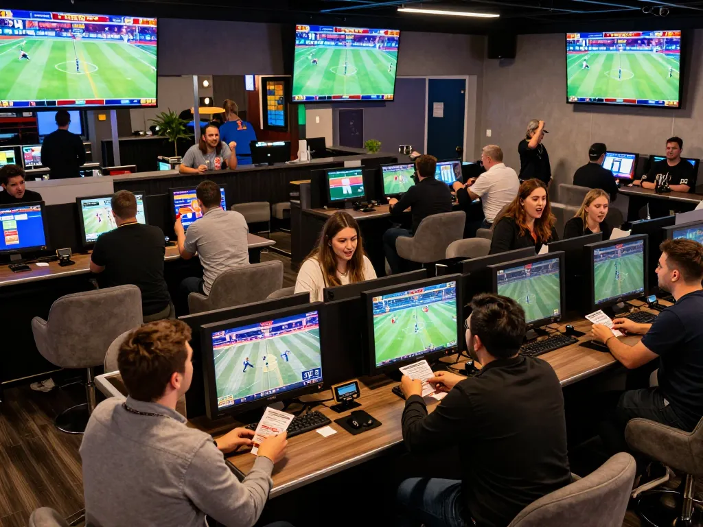 People placing bets at VVVwin's lively sports betting lounge during a live event