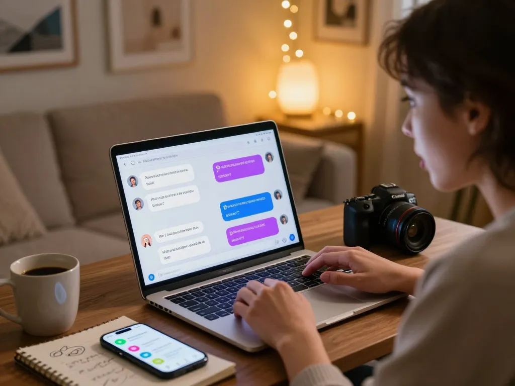 Engaging ai chat porn conversation on a laptop, showcasing playful AI interaction in a cozy room.