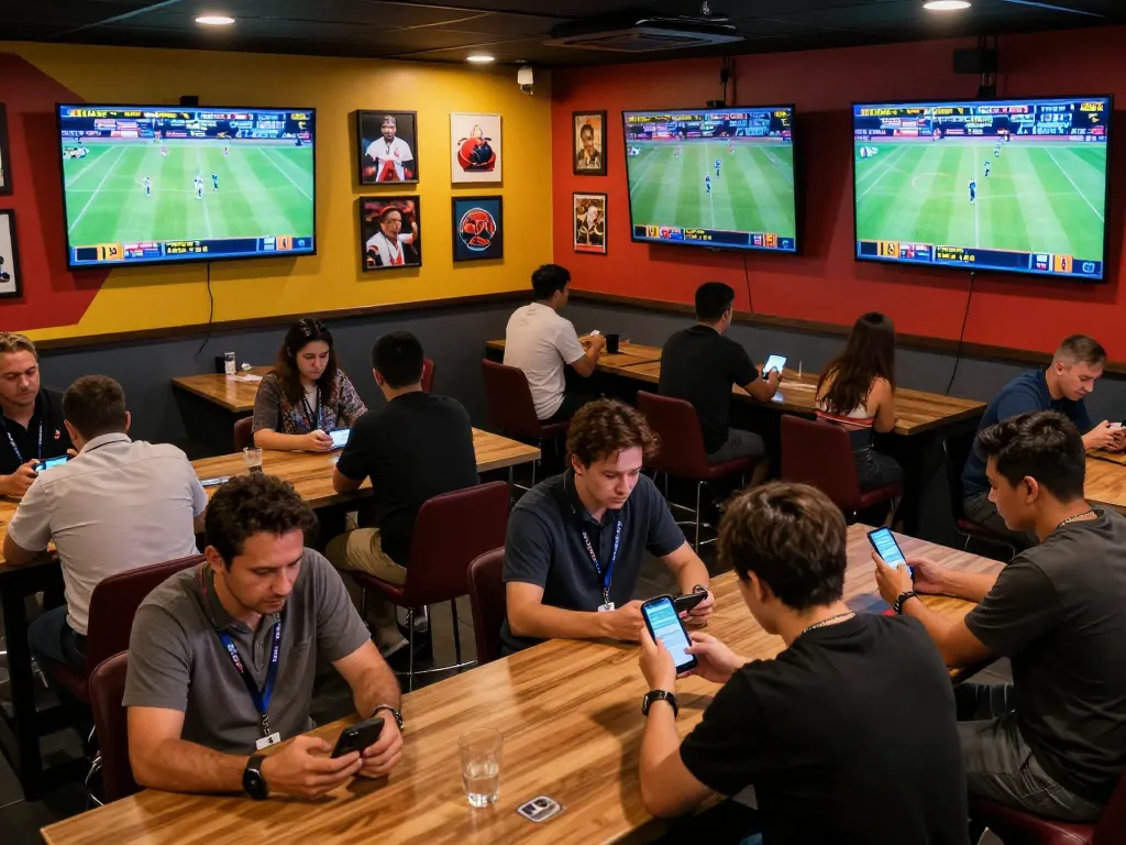 F168 patrons engaging in live sports betting strategies amid vibrant lounge atmosphere