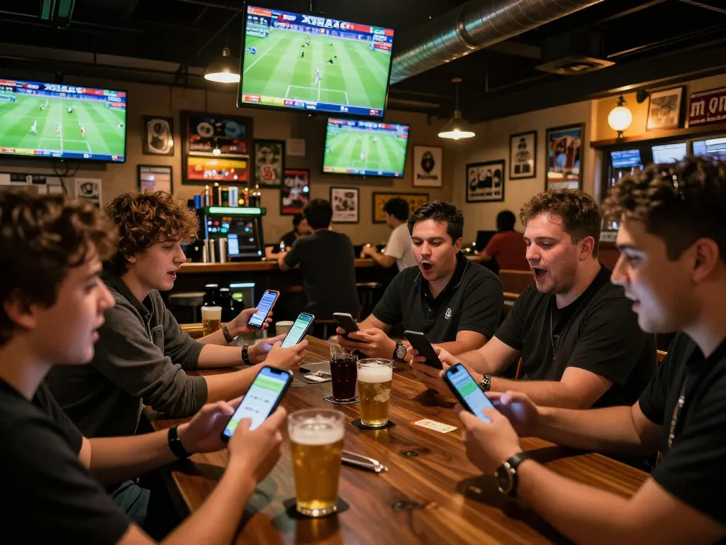 Patrons engaged in sports betting using the Xoilac platform at a lively bar with multiple screens.