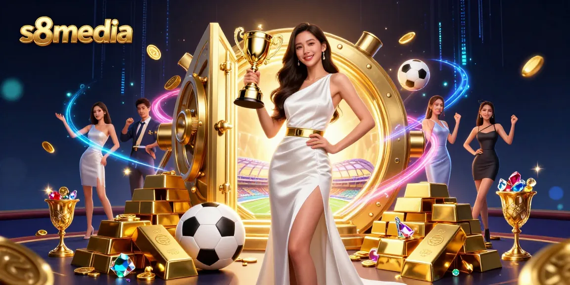 Engage with s8media's vibrant casino experience showcasing a stunning trophy-winning Asian woman surrounded by riches and betting elements.