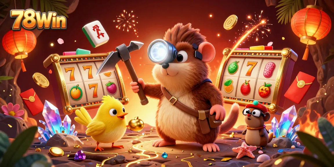 Explore vibrant 78Win casino games amid a treasure hunt scene with illuminating gems and jackpot excitement.