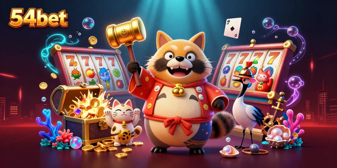 Win big at 54bet with this vibrant casino scene featuring cheerful characters and spinning slots.