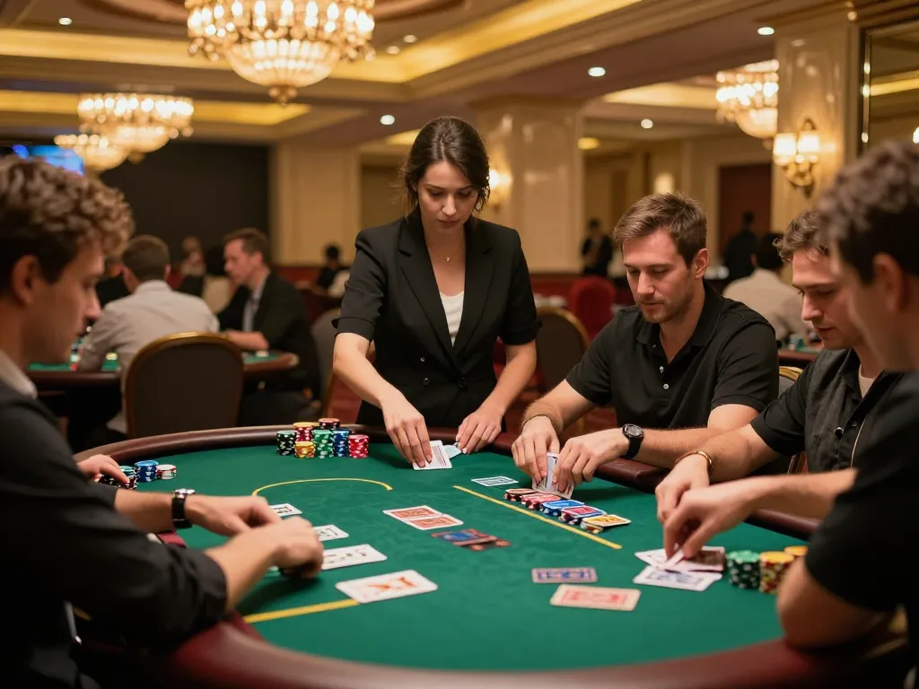 Players enjoying a thrilling poker game at LV88 with a lively casino atmosphere and elegant decor