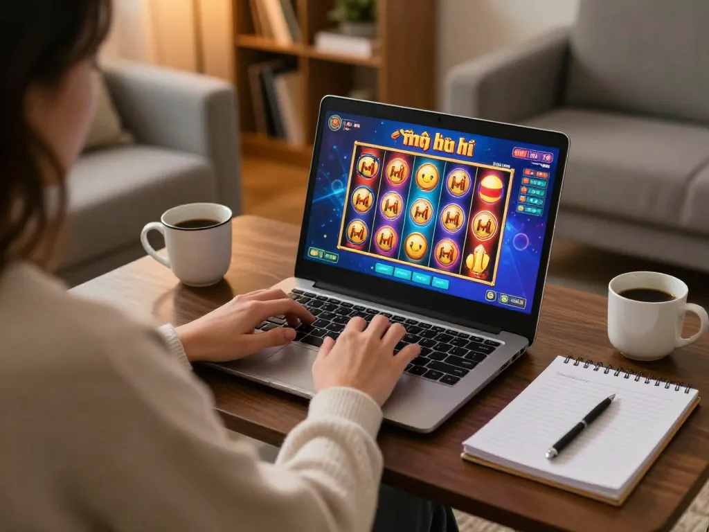 Engaging in game nổ hũ at home, showcasing vibrant slot gameplay on laptop