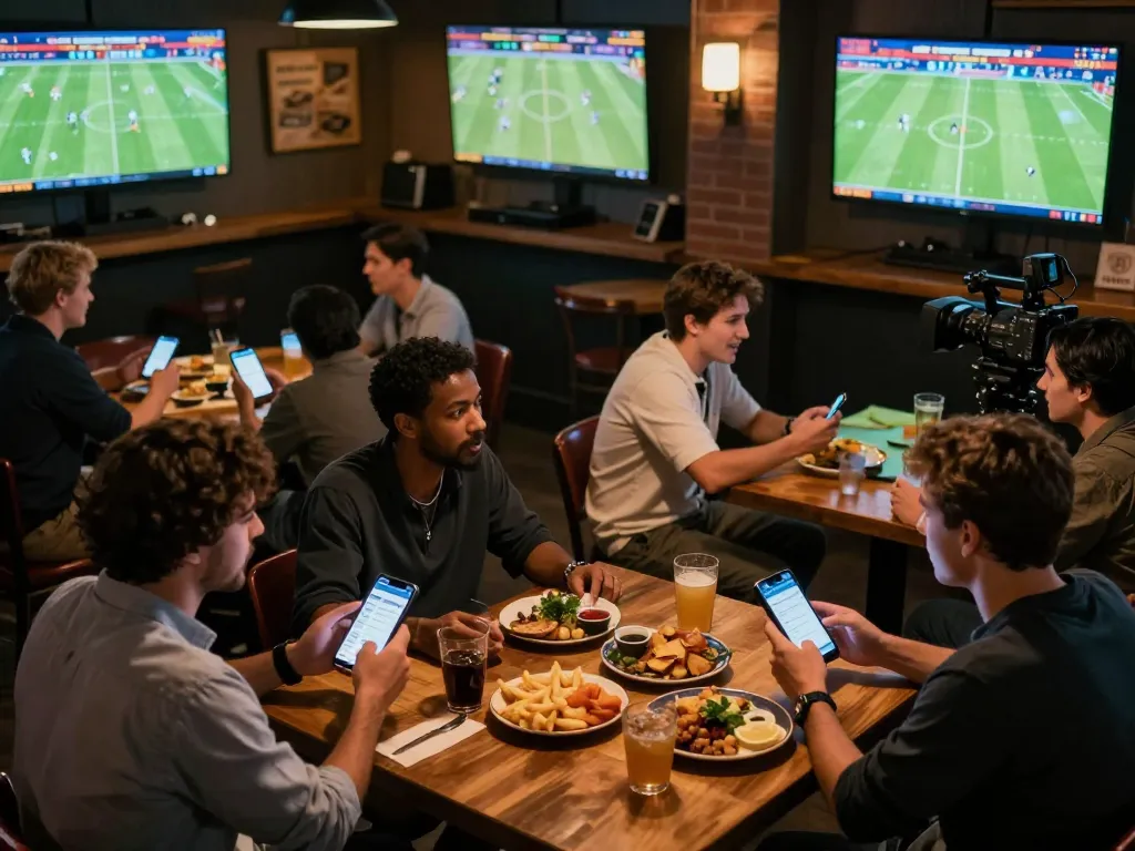 Excited fans placing bets on cakhia tv while watching live sports at a bustling sports bar.