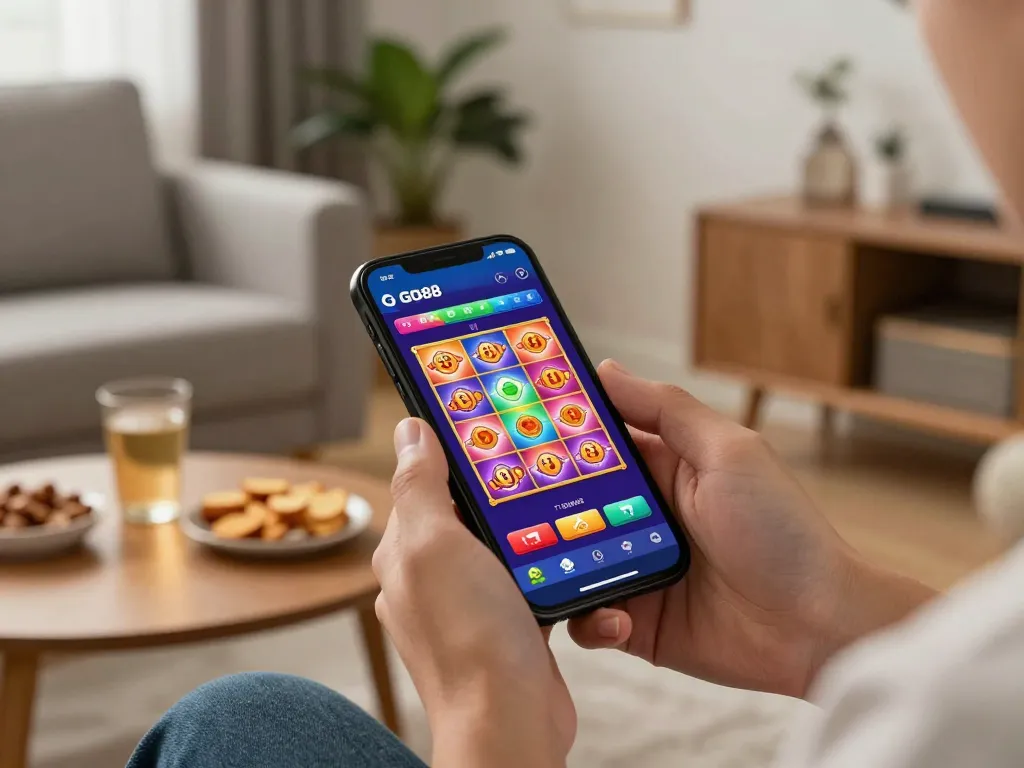 Player immersed in a GO88 mobile app gaming session with lively slot visuals in a cozy setting.