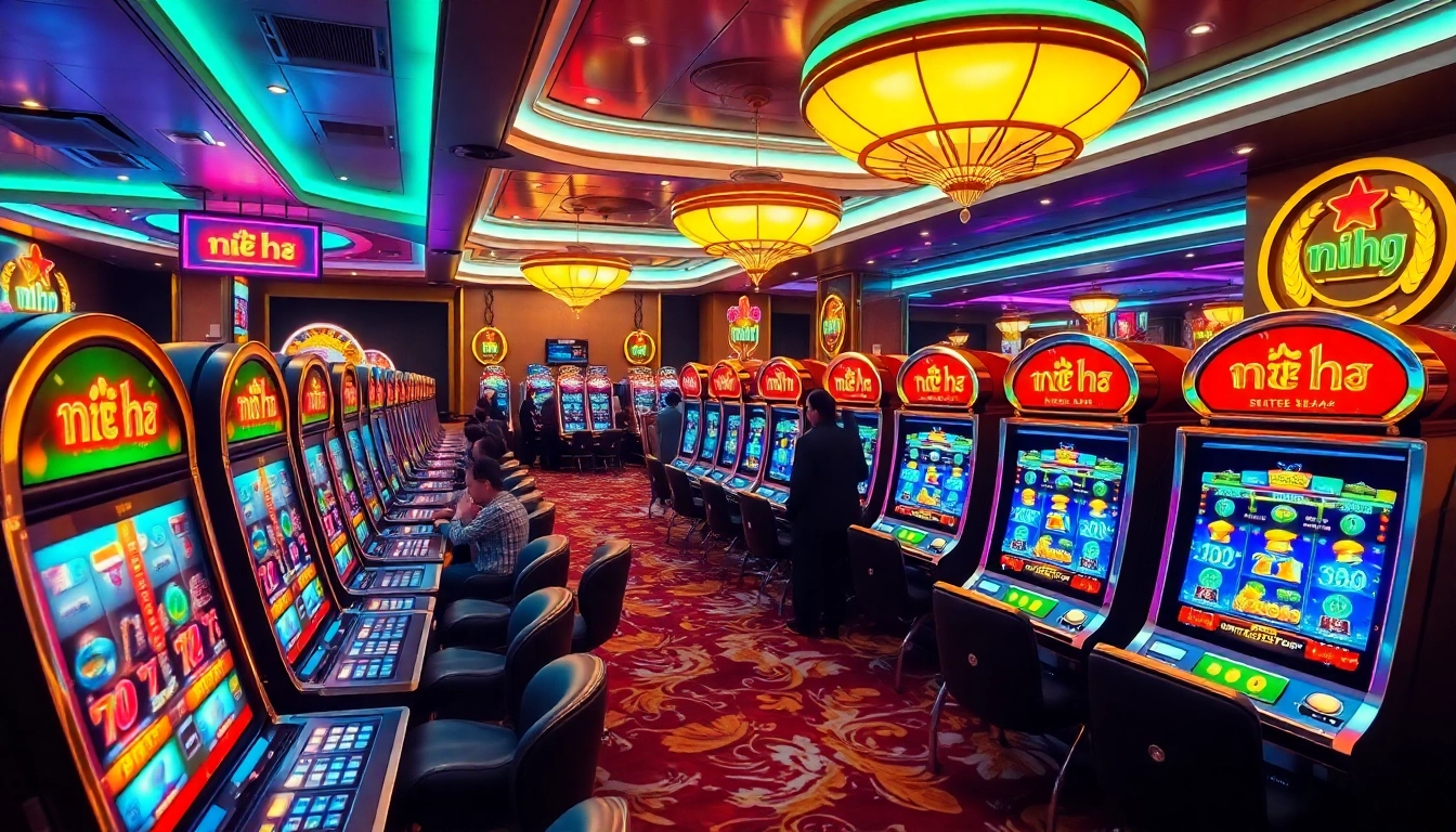 Players engaging with vibrant nổ hũ slot machines in a luxurious casino environment.