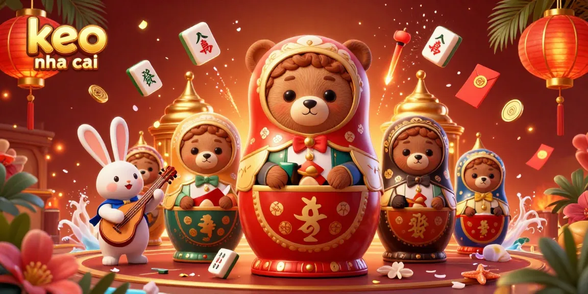 Engage with the keo nha cai scene featuring whimsical casino-themed 3D illustration of Matryoshka bears and festive elements.
