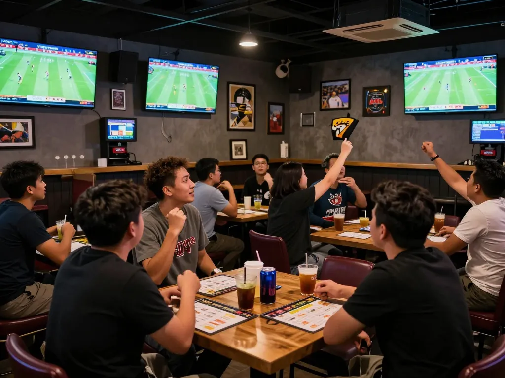 Kèo Nhà Cái betting atmosphere with sports fans enjoying live matches and placing wagers in an exciting environment.
