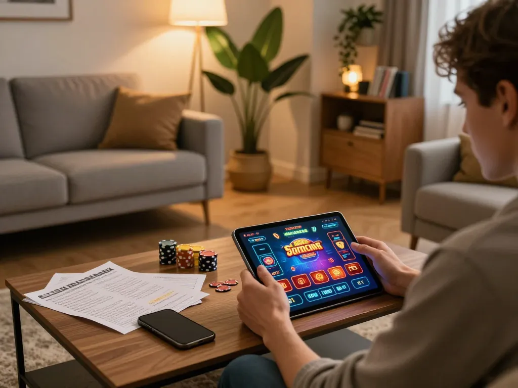 Engaged in strategic online gaming with GG88 app on tablet in a cozy home setting