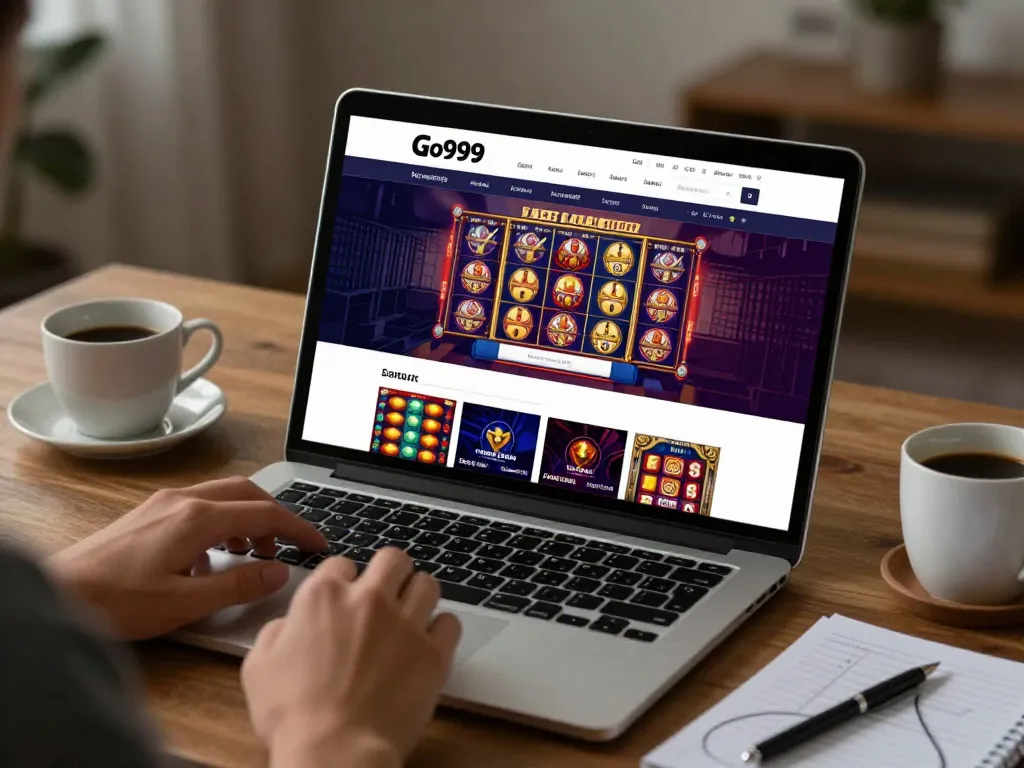 Engaging with Go999 online gaming platform on a laptop, showcasing exciting casino games and strategy