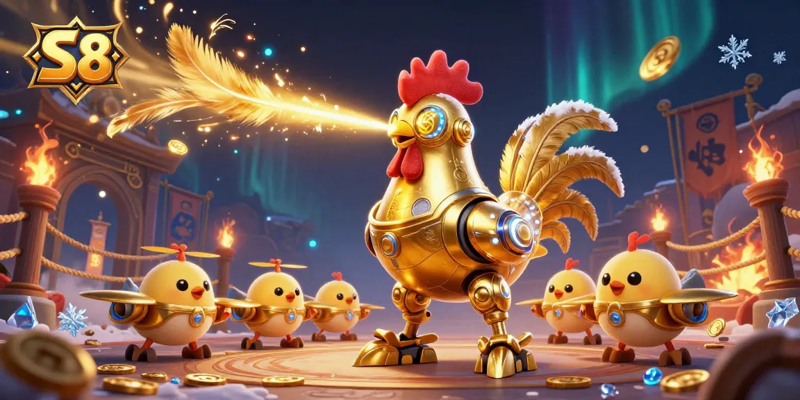 Engage with S 8's vibrant casino universe featuring the golden rooster robot and baby chick drones.