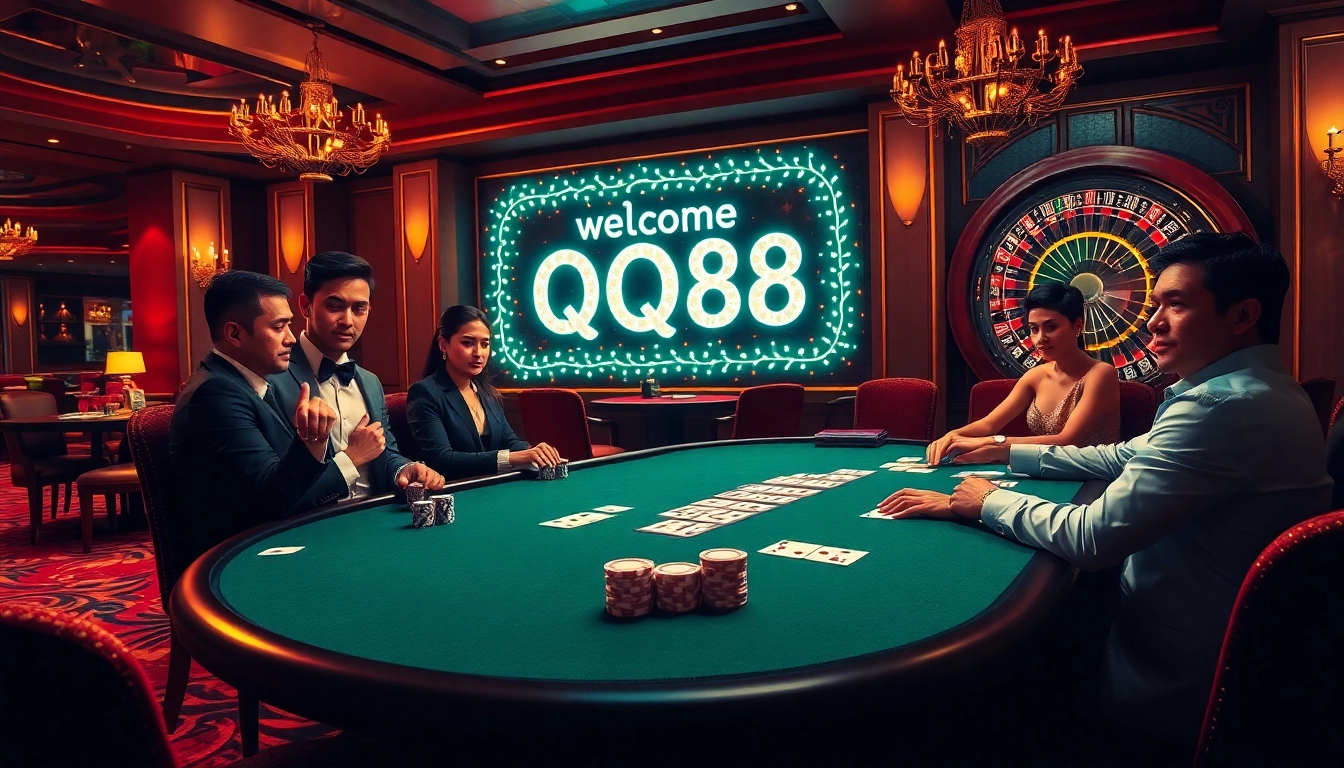 Experience the thrill of QQ88 at a luxurious poker table with vibrant chips, cards, and roulette.