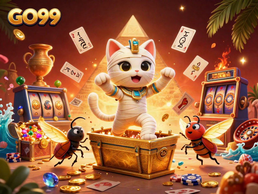 Win big with GO99 in a vibrant casino scene featuring Egyptian characters and slot machines.