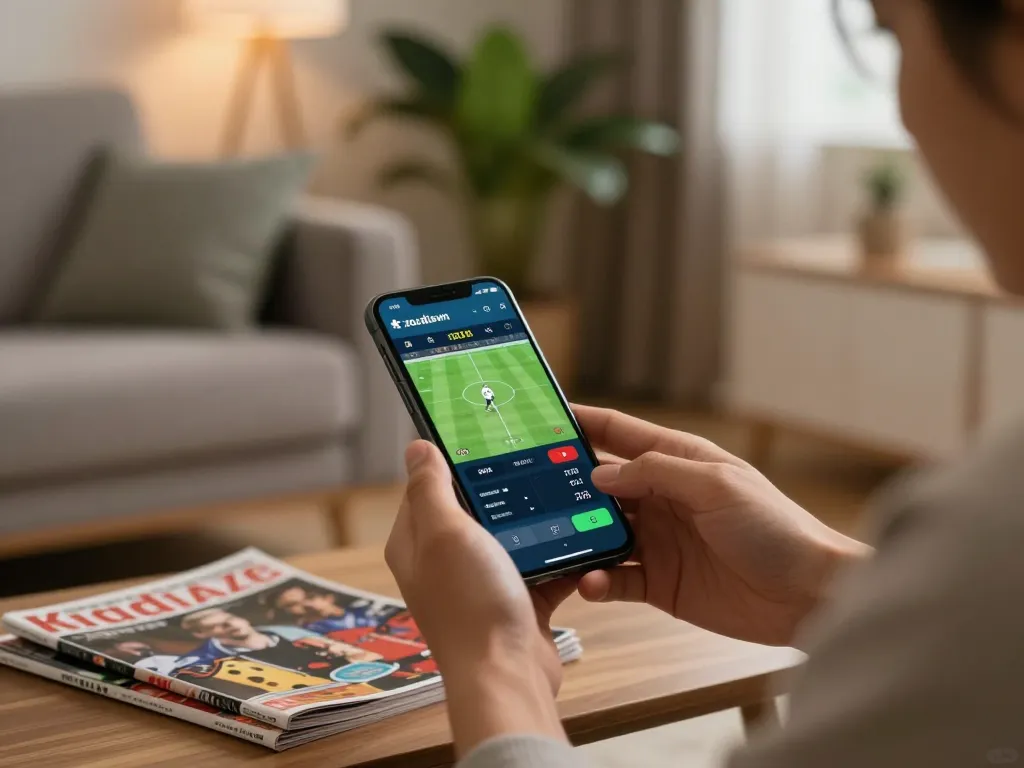 Engaging with xocdiavn mobile app for betting on live sports odds in a cozy living room.
