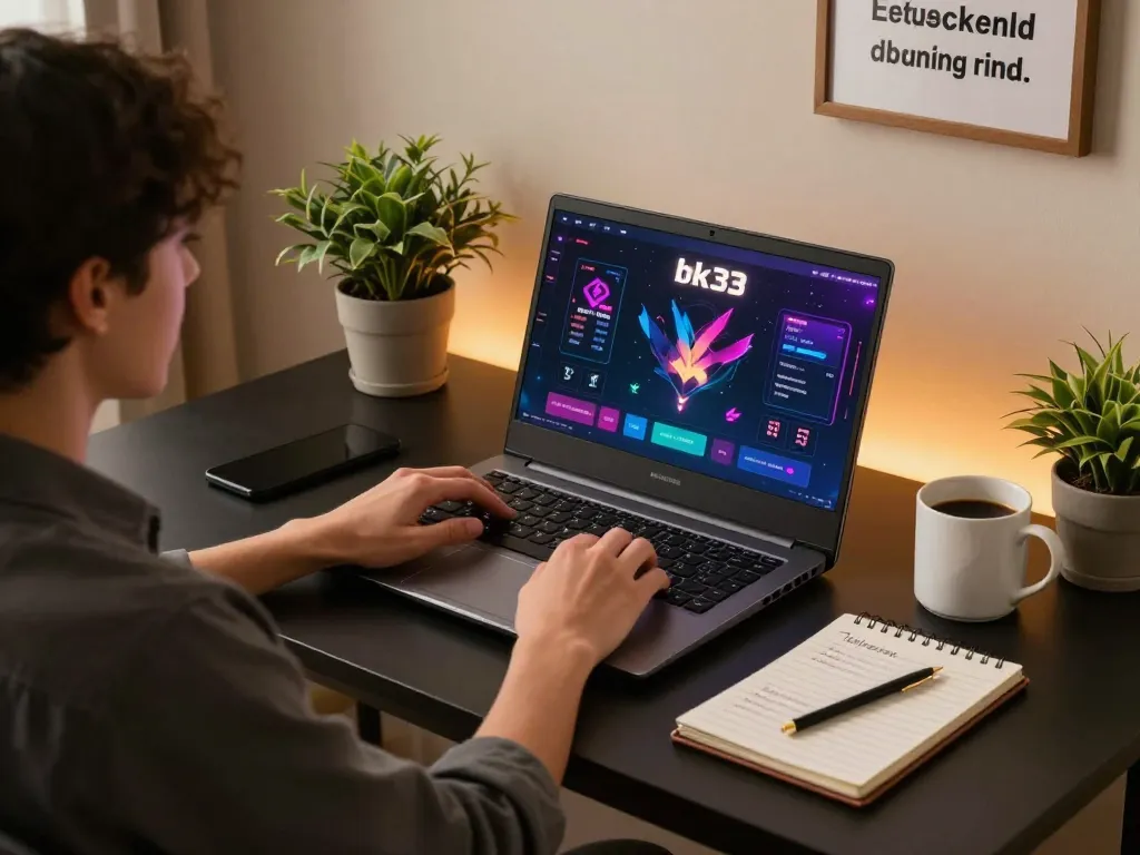 Player engaging with bk33 gaming on a laptop in a cozy home environment, showcasing strategy and responsible gambling.