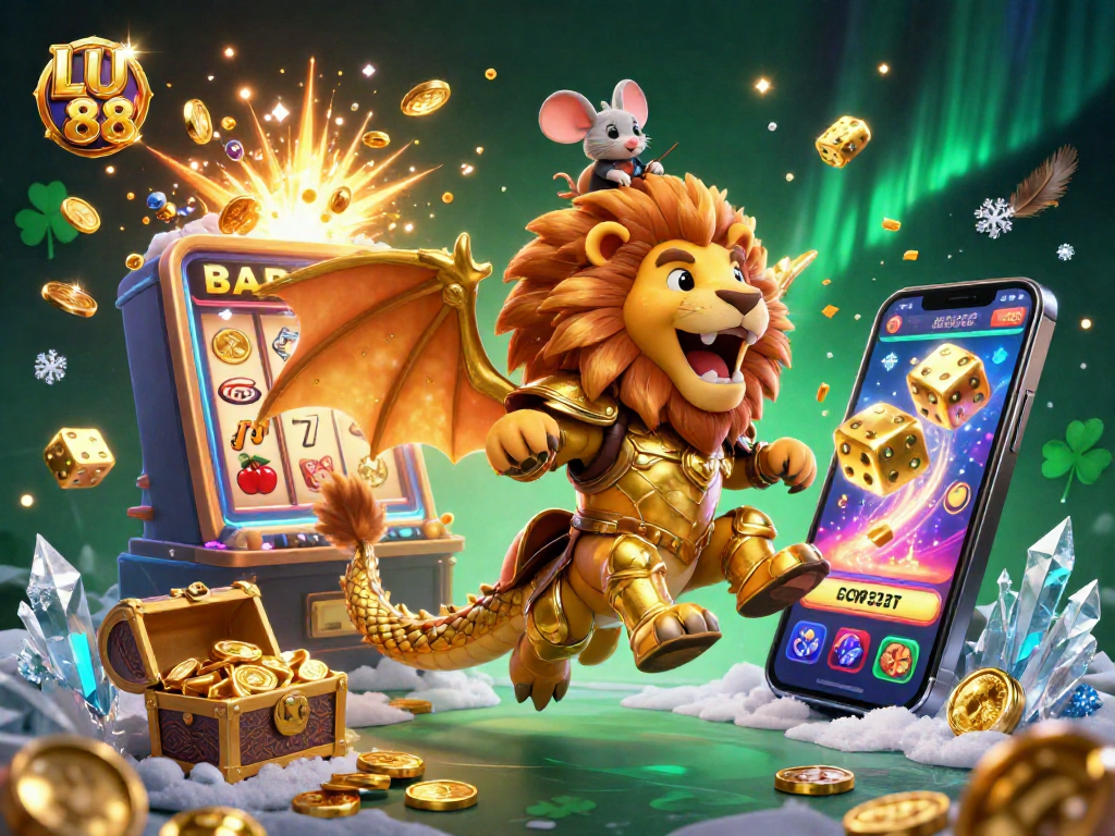 LU 88 showcases an exciting casino experience with a chimera and mouse jockey amidst thrilling jackpots and gaming elements.