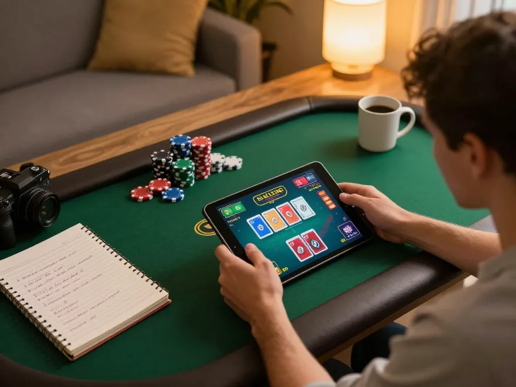 Player engaged in a fun79 online poker game, showcasing gaming strategies and vibrant interface.