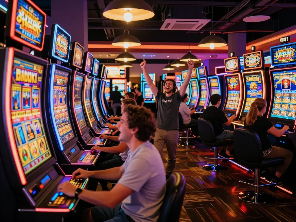 Players enjoying vibrant slot machines at https://lode884.co.com/ celebrating wins amid buzzing casino energy