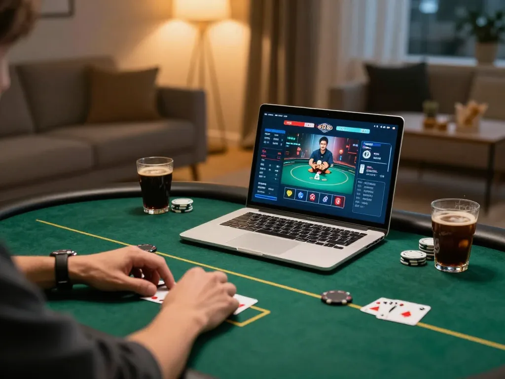 MISO88 player strategizing in an online poker game, cozy home setting with laptop and snacks.