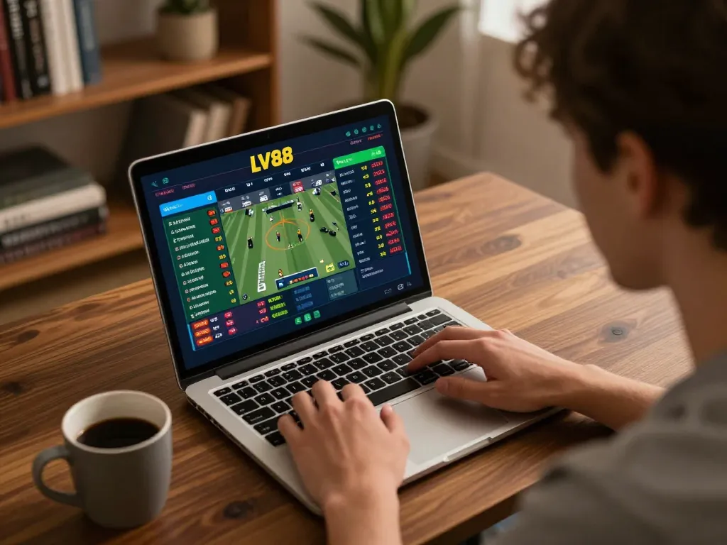 Engaging in sports betting on LV88 from a cozy home setting with live odds on display.