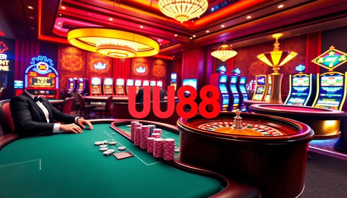 UU88 players enjoying an exciting game of poker at a luxurious casino table.