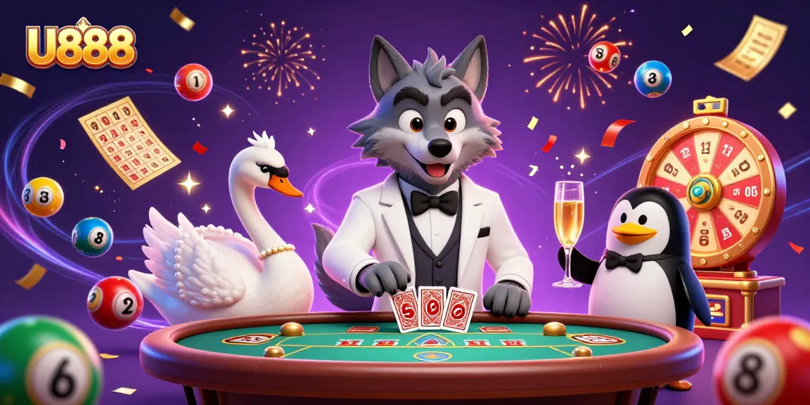 Experience the vibrant, exhilarating U888 casino scene with dynamic characters and winning elements.