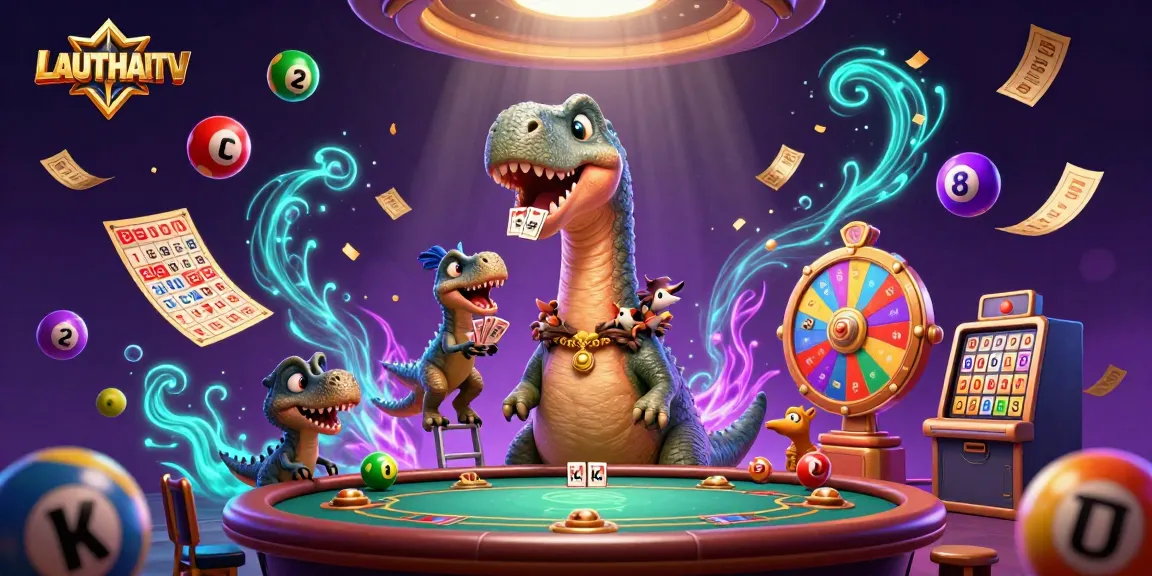 LAUTHAITV showcases a dynamic scene of a giant brontosaurus at a casino with colorful game elements.