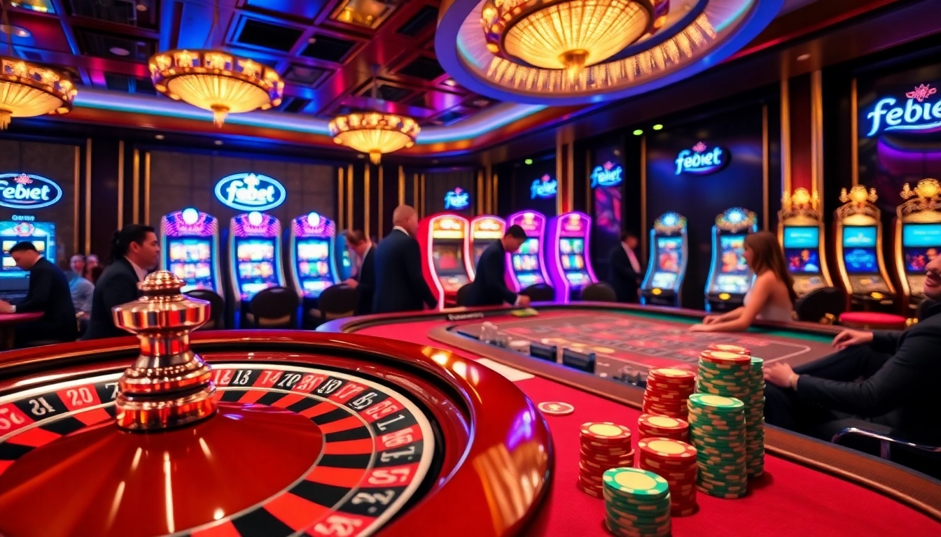 Experience the thrill of gaming at febet com with luxurious casino gameplay featuring roulette, blackjack, and vibrant slot machines.
