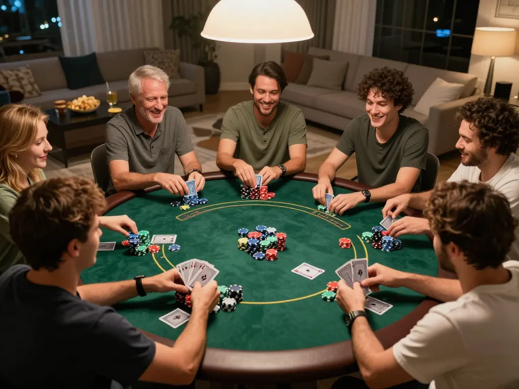 F168 players enjoying a lively home poker night with colorful chips and engaged conversation