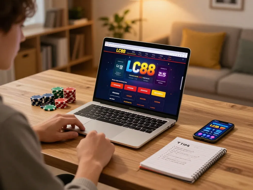 Player engaging with LC88 online casino interface while analyzing betting strategies at home.