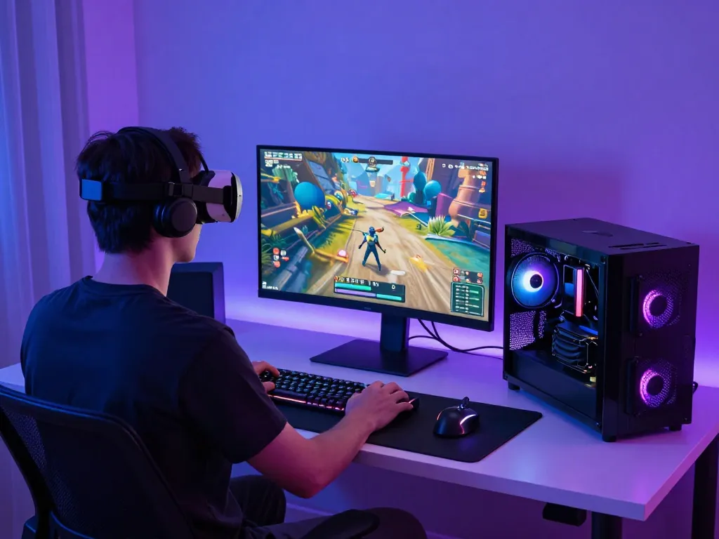 Engaging gaming setup featuring Fly88 MB with immersive VR experience and high-tech visuals.