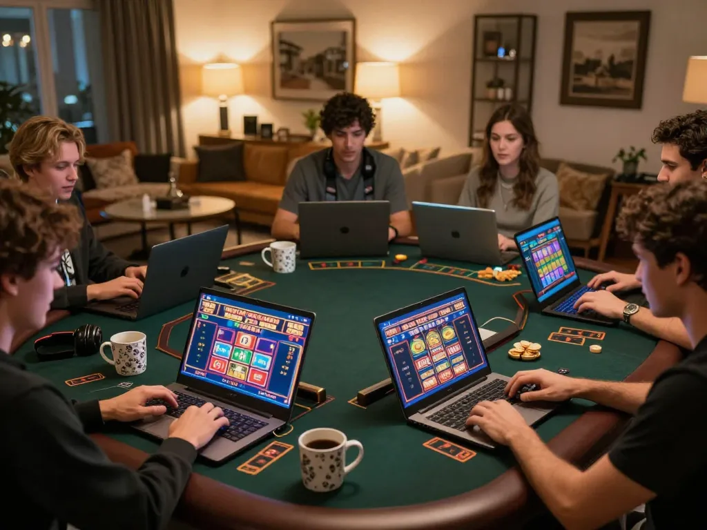 fly88 players engaging in vibrant online casino games from cozy home setups, showcasing excitement and strategy.