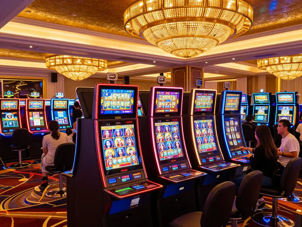 Players enjoying vibrant slot machines at 98win9 casino for exciting gaming experience.