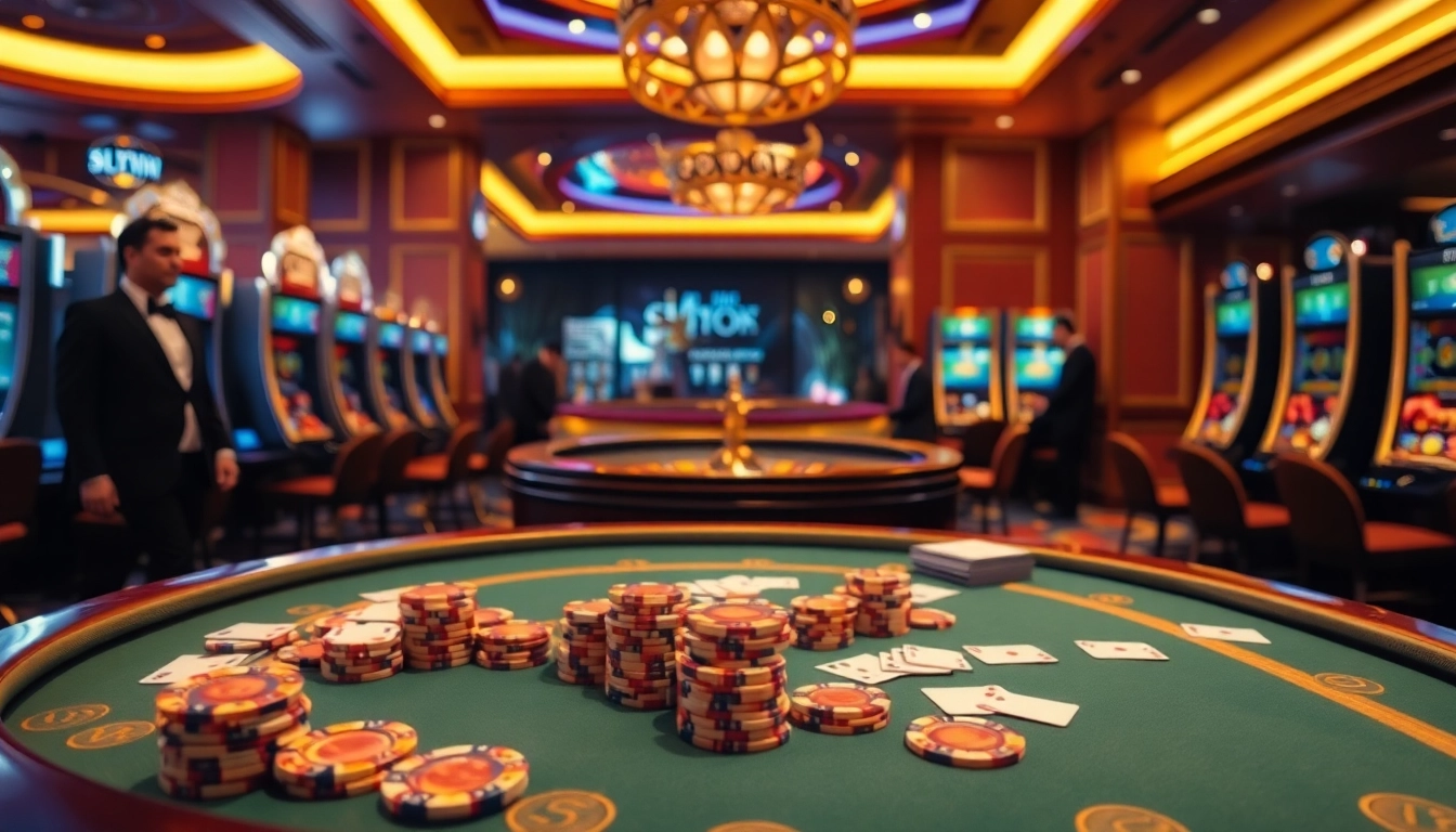 Engage in thrilling gameplay at the Sunwin-themed casino table with vibrant poker chips.
