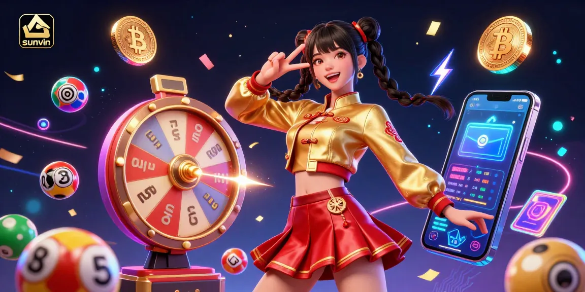 Engage in thrilling gambling action at sunvin with colorful lottery elements and cryptocurrency symbols.