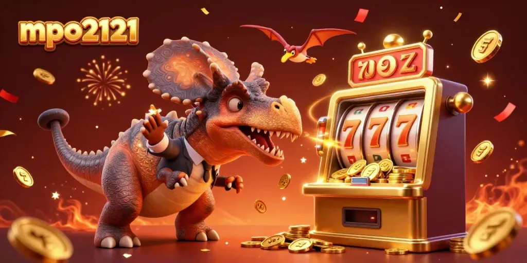 Permainan mpo2121 yang mendebarkan dengan pachycephalosaurus dan slot mesin jackpot berkilau.